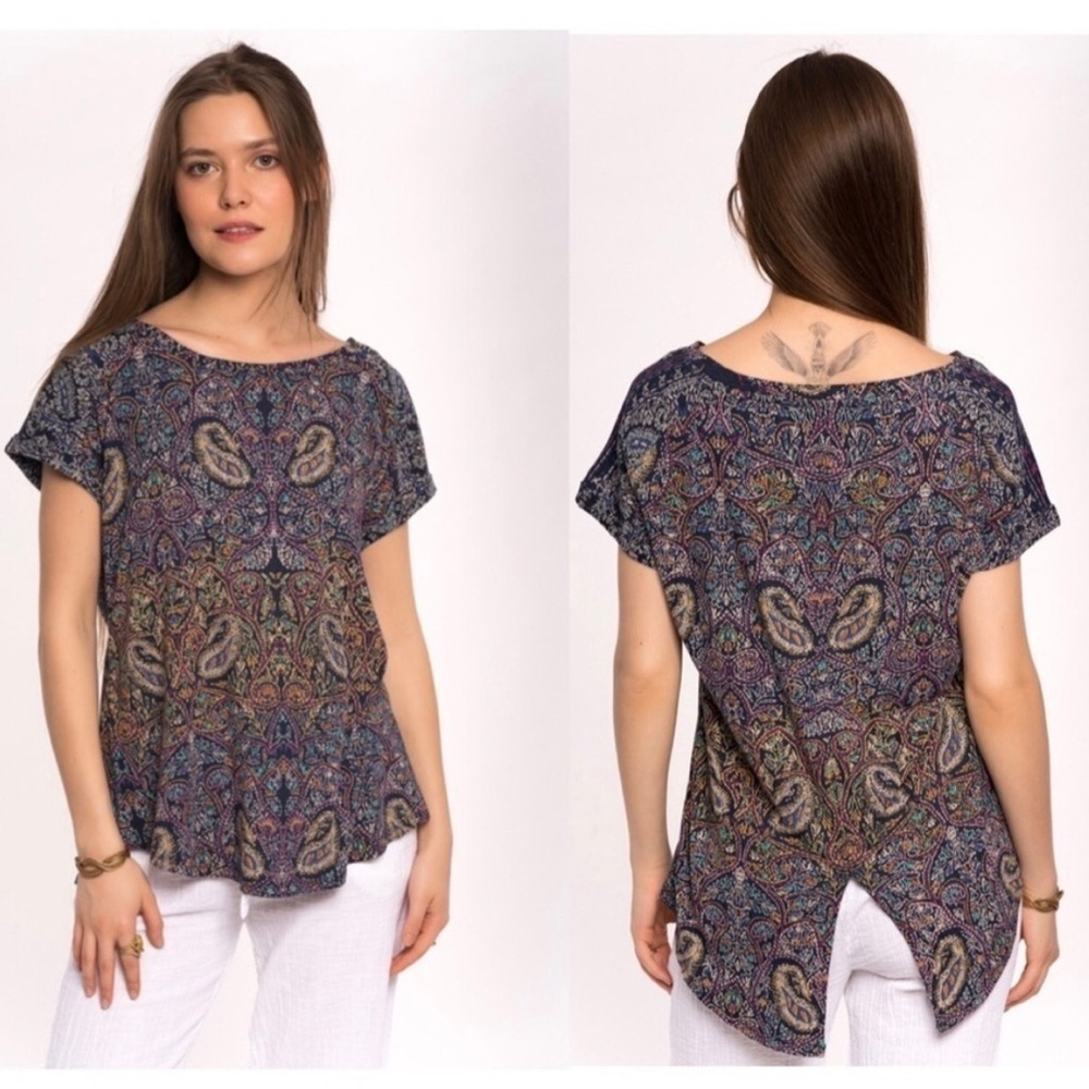 Lucky Brand Paisley Tee Shirt Short Sleeve Split Back 2X Boho Casual Artsy